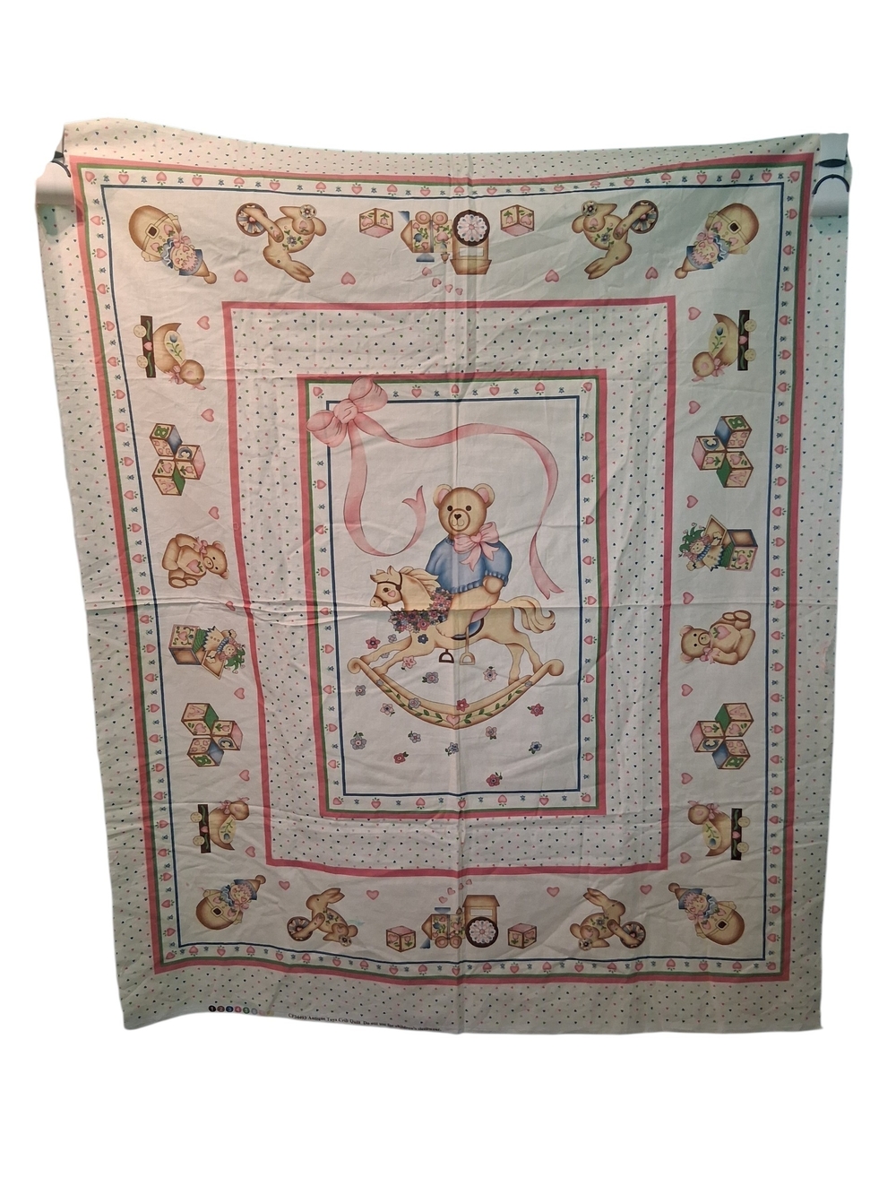 Fabric Panel Teddy Bear Rocking Horse Quilt Panel - Pink & White 3156